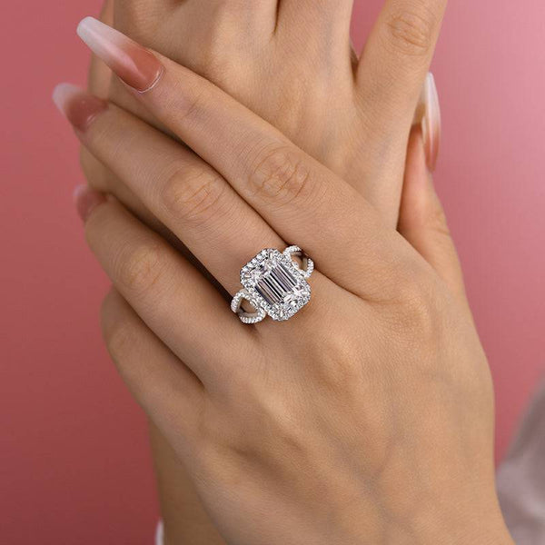 Louily Unique Halo Split Shank Emerald Cut Engagement Ring In Sterling Silver