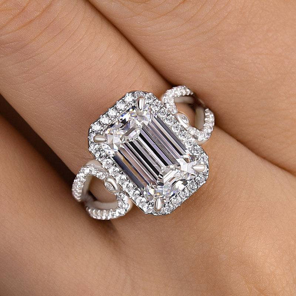 Louily Unique Halo Split Shank Emerald Cut Engagement Ring In Sterling Silver