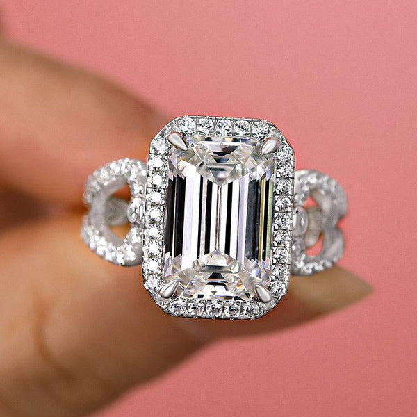 Louily Unique Halo Split Shank Emerald Cut Engagement Ring In Sterling Silver