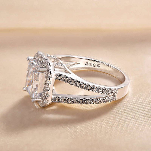 Louily Unique Halo Split Shank Radiant Cut Engagement Ring In Sterling Silver