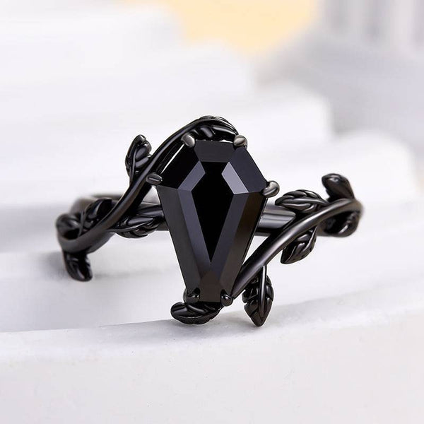 Louily Unique Leaf Design Black Stone Coffin Cut Engagement Ring In Sterling Silver