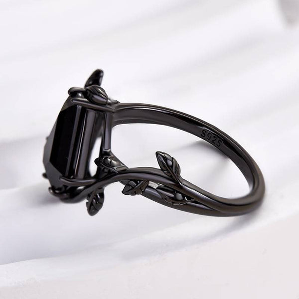 Louily Unique Leaf Design Black Stone Coffin Cut Engagement Ring In Sterling Silver