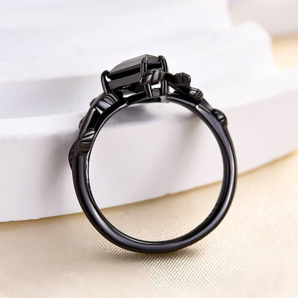 Louily Unique Leaf Design Black Stone Coffin Cut Engagement Ring In Sterling Silver