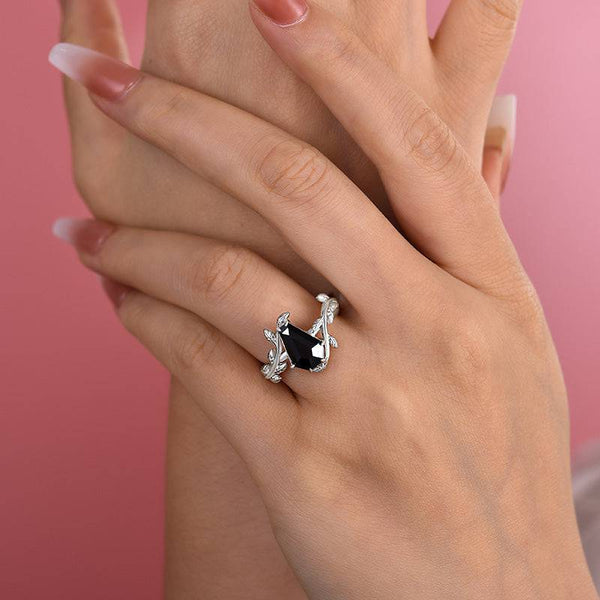 Louily Unique Leaf Design Black Stone Coffin Cut Engagement Ring In Sterling Silver