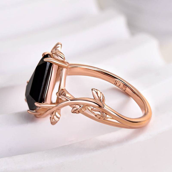 Louily Unique Leaf Design Black Stone Coffin Cut Engagement Ring In Sterling Silver