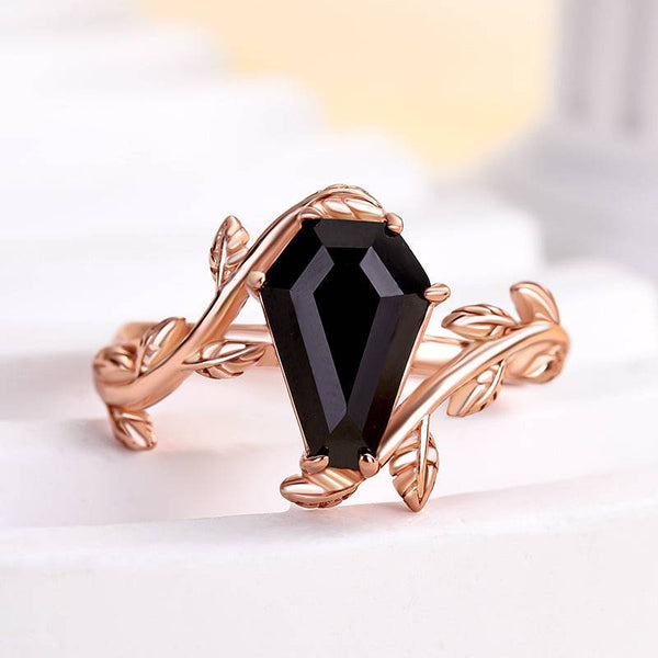 Louily Unique Leaf Design Black Stone Coffin Cut Engagement Ring In Sterling Silver