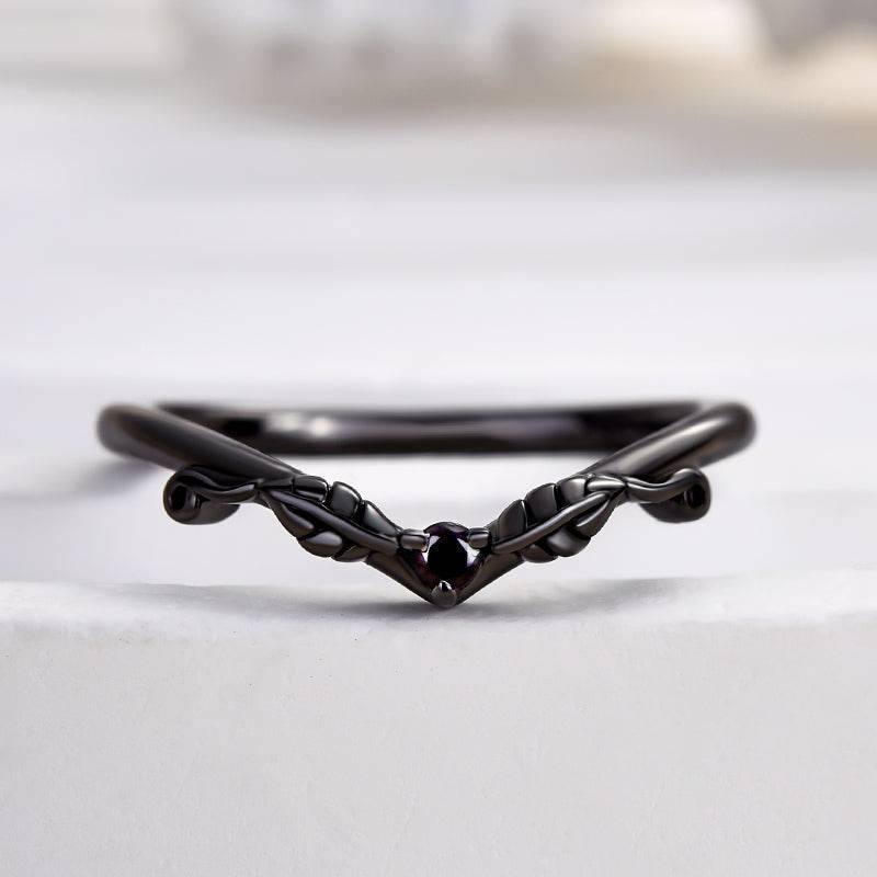 Louily Unique Leaf Design Black Stone Round Cut Wedding Band In Sterling Silver - louilyjewelry