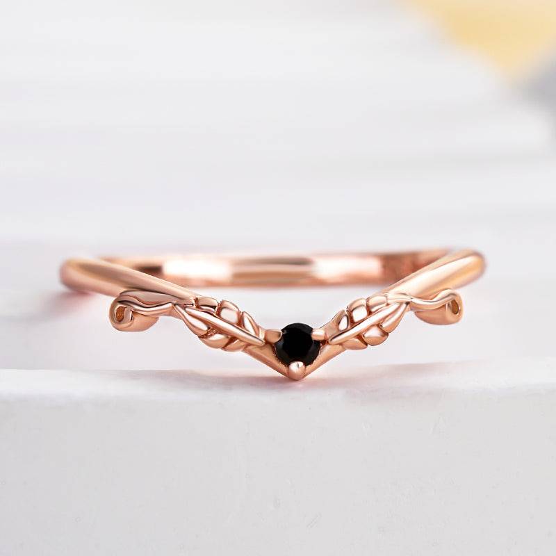 Louily Unique Leaf Design Black Stone Round Cut Wedding Band In Sterling Silver - louilyjewelry