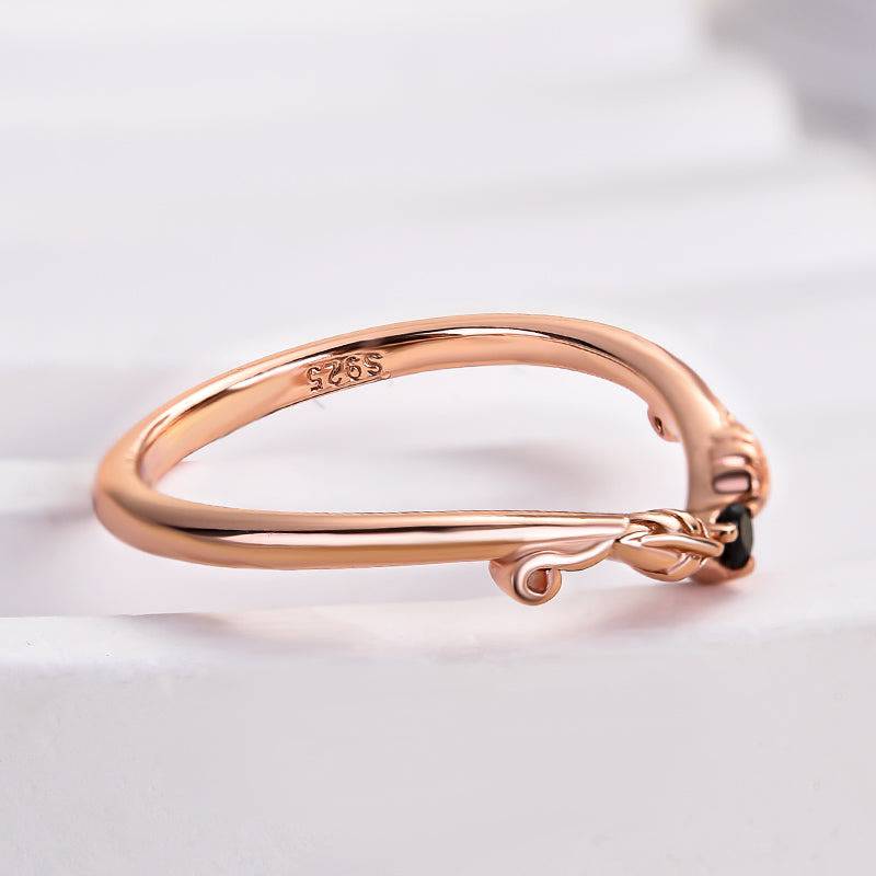 Louily Unique Leaf Design Black Stone Round Cut Wedding Band In Sterling Silver - louilyjewelry