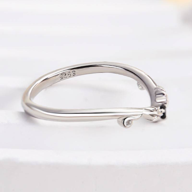 Louily Unique Leaf Design Black Stone Round Cut Wedding Band In Sterling Silver - louilyjewelry