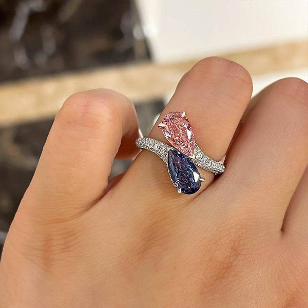 Louily Unique Pear Cut Aquamarine Blue & Pink Sapphire Engagement Ring In Sterling Silver