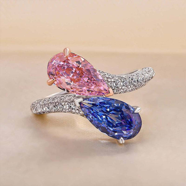 Louily Unique Pear Cut Aquamarine Blue & Pink Sapphire Engagement Ring In Sterling Silver
