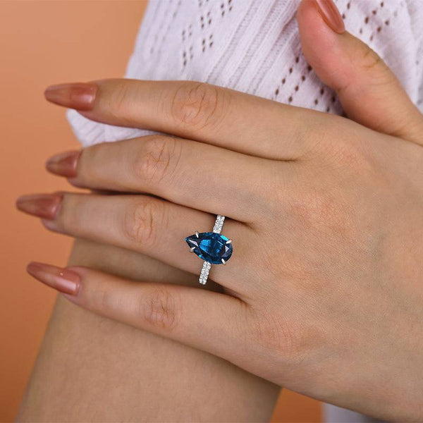 Louily Unique Pear Cut Blue Sapphire Engagement Ring In Sterling Silver
