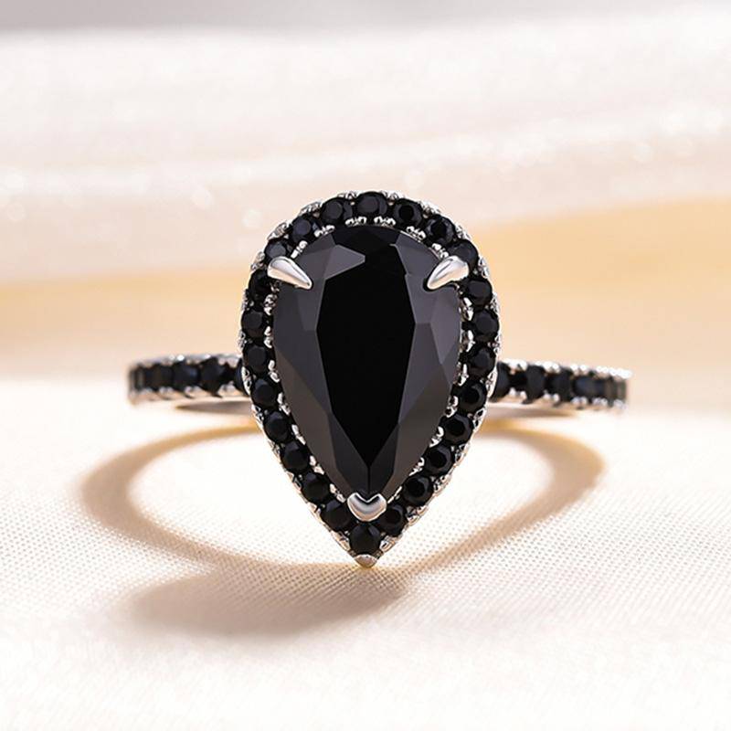 Louily Unique Pear Cut Halo Black Diamond Engagement Ring In Sterling Silver - louilyjewelry