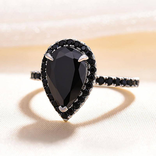 Louily Unique Pear Cut Halo Black Diamond Engagement Ring In Sterling Silver