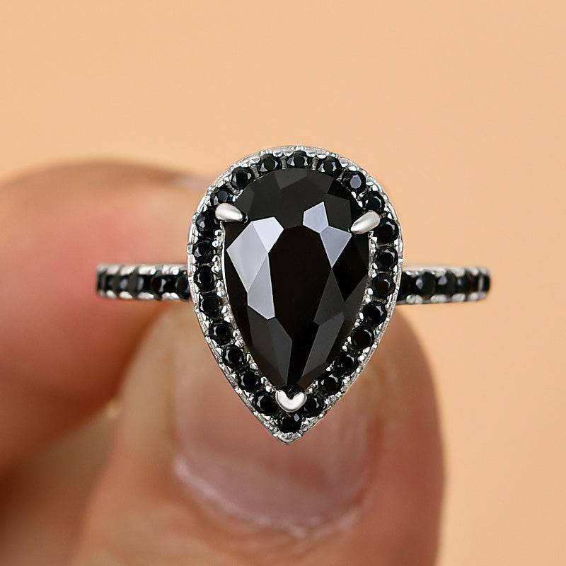 Louily Unique Pear Cut Halo Black Diamond Engagement Ring In Sterling Silver - louilyjewelry