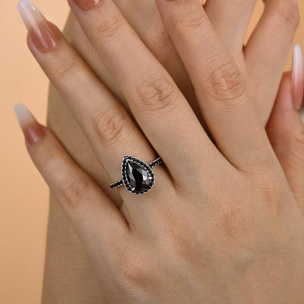 Louily Unique Pear Cut Halo Black Diamond Engagement Ring In Sterling Silver