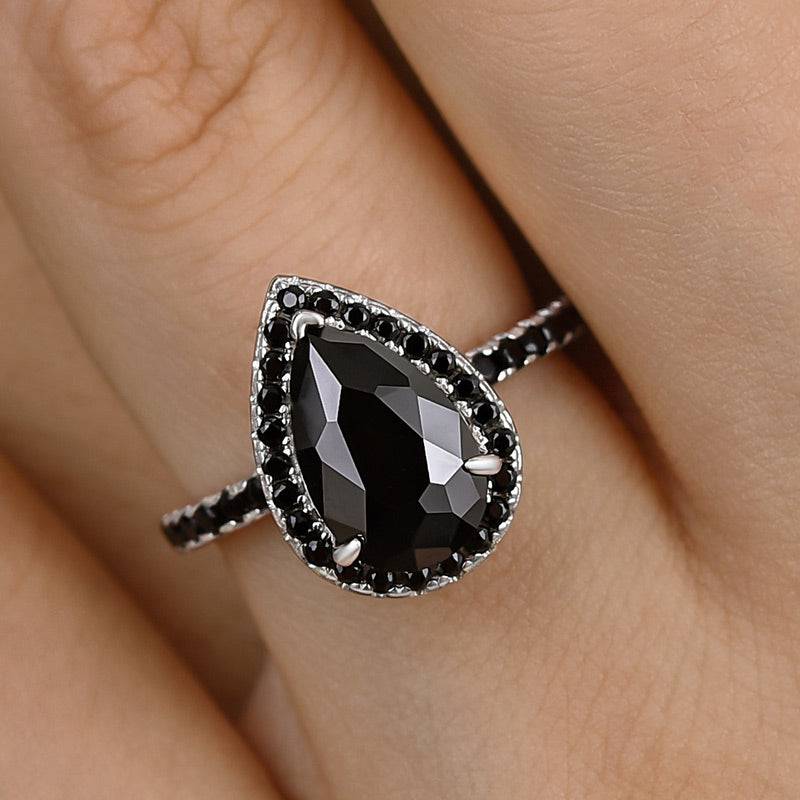 Louily Unique Pear Cut Halo Black Diamond Engagement Ring In Sterling Silver - louilyjewelry