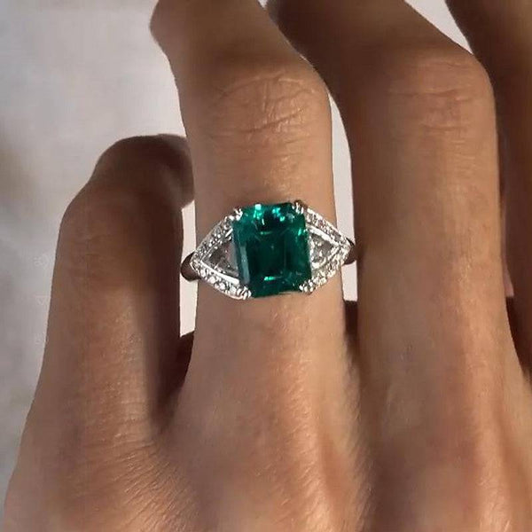 Louily Unique Radiant Cut Three Stone Emerald Green Engagement Ring In Sterling Silver