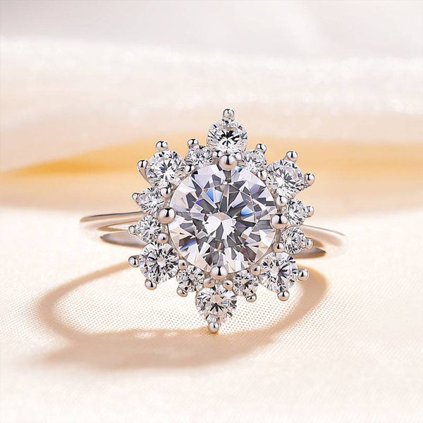 Louily Unique Snowflake Design Round Cut Engagement Ring In Sterling Silver