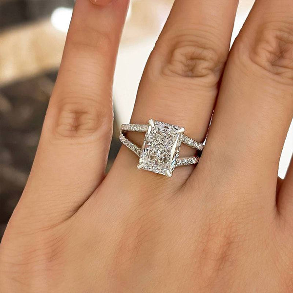 Louily Unique Split Shank Radiant Cut Engagement Ring In Sterling Silver