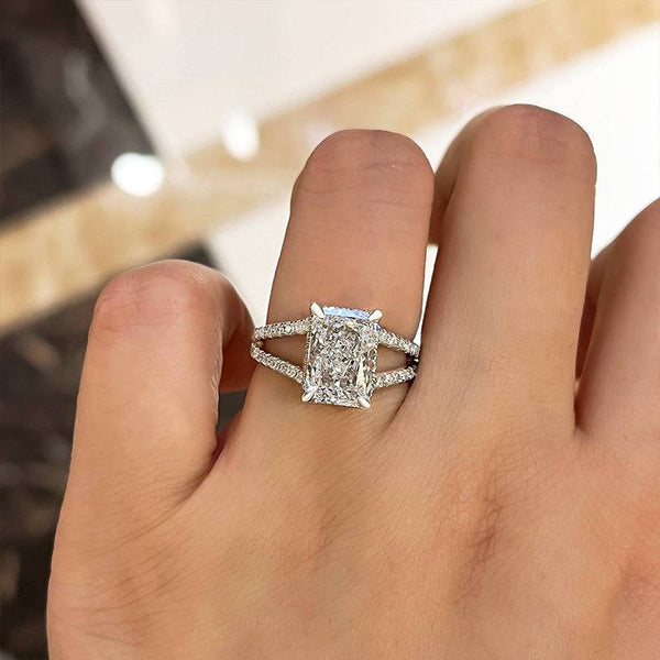 Louily Unique Split Shank Radiant Cut Engagement Ring In Sterling Silver