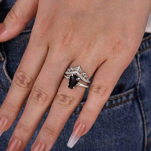 Louily Unique Split Shank Spider Design Coffin Cut Wedding Ring Set
