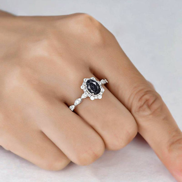 Louily Vintage Halo Oval Cut Black Sandstone Engagement Ring
