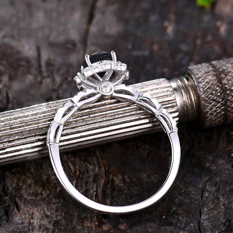 Louily Vintage Halo Oval Cut Black Sandstone Engagement Ring - louilyjewelry