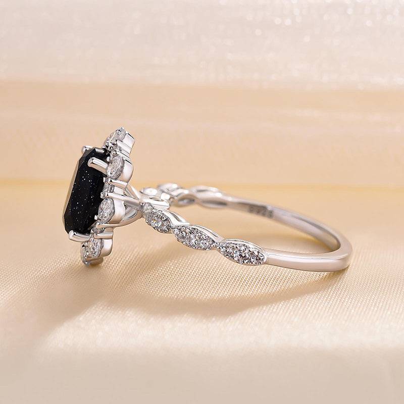 Louily Vintage Halo Oval Cut Black Sandstone Engagement Ring - louilyjewelry