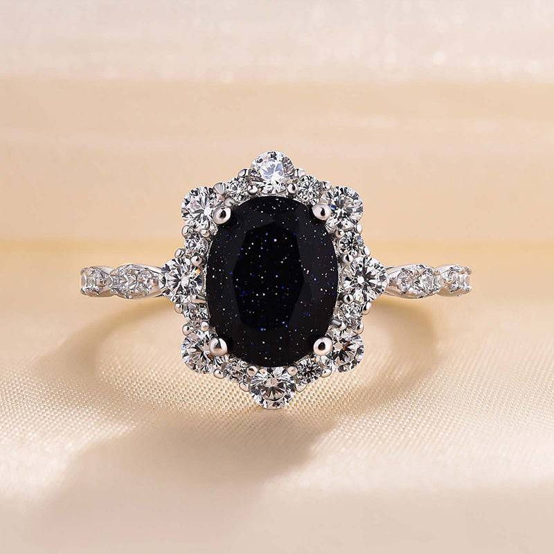 Louily Vintage Halo Oval Cut Black Sandstone Engagement Ring - louilyjewelry