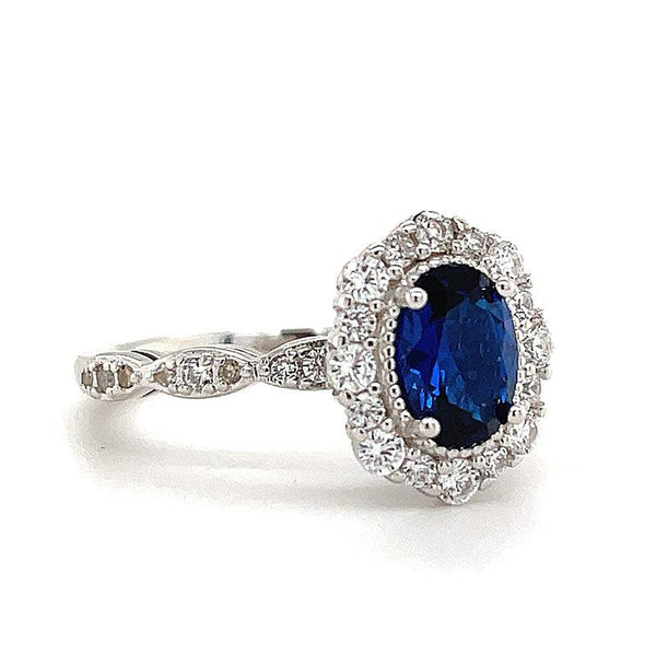 Louily Vintage Halo Oval Cut Blue Sapphire  Engagement Ring In Sterling Silver