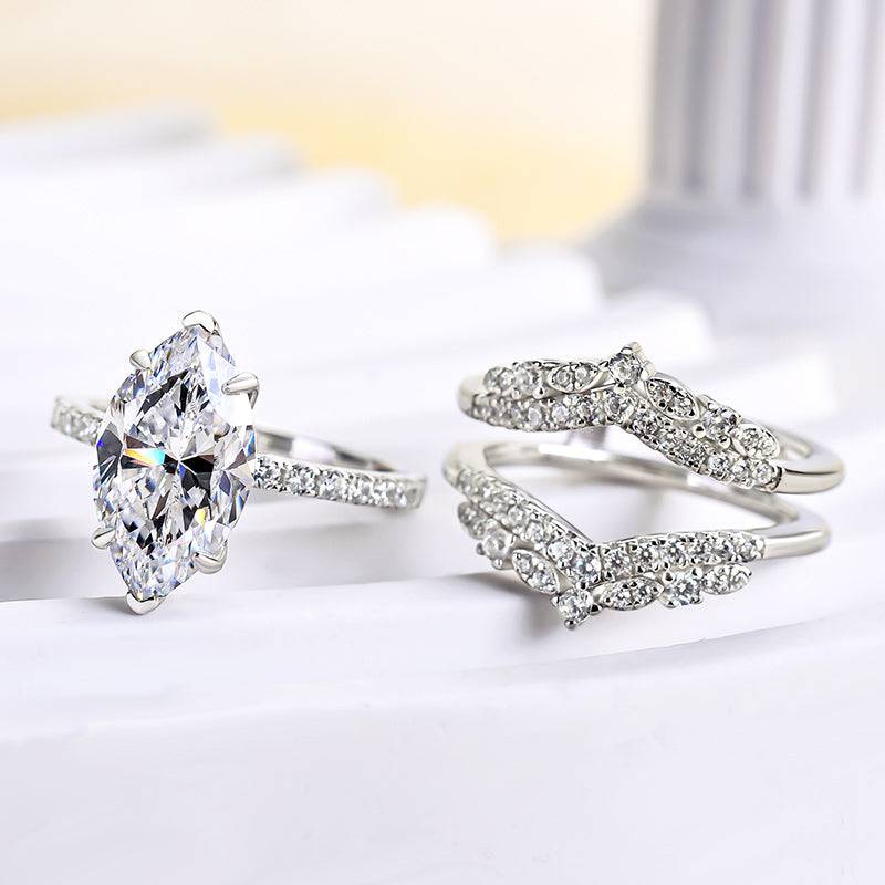 Louily Vintage Marquise Cut Insert Wedding Ring Set In Sterling Silver - louilyjewelry