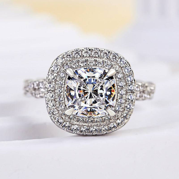 Louily Vintage Twist Double Halo Cushion Cut Engagement Ring In Sterling Silver