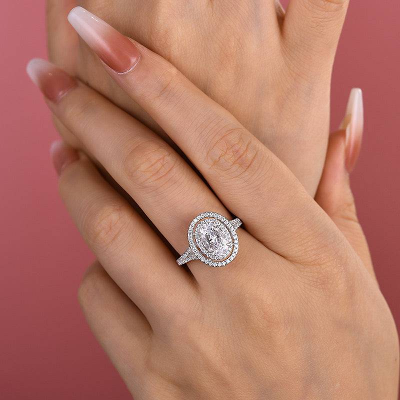 Louily Vintages Double Halo Oval Cut Engagement Ring In Sterling Silver - louilyjewelry