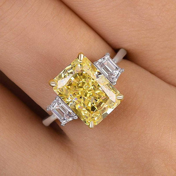 Louily Yellow Sapphire Three Stone Radiant Cut Engagement Ring In Sterling Silver