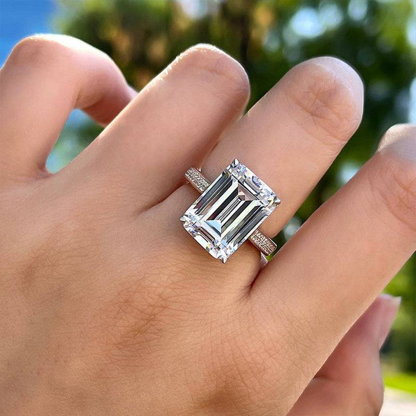 Luxurious Elongated Emerald Cut Engagement Ring In Sterling Silver
