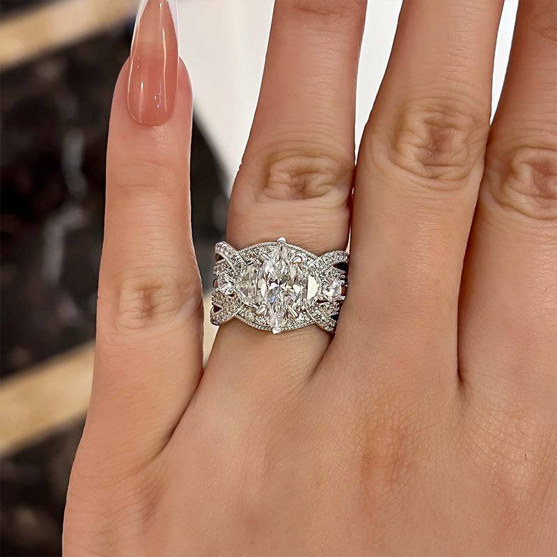 Vintage Marquise Cut Insert Wedding Ring Set For Women In Sterling Silver - louilyjewelry