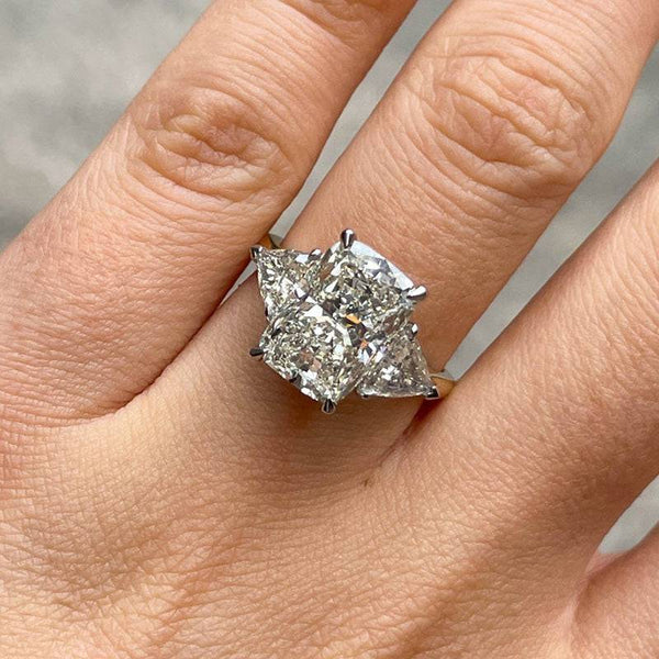 Louily Exclusive Two-Tone Crushed Ice Radiant Cut Three Stone Engagement Ring In Sterling Silver