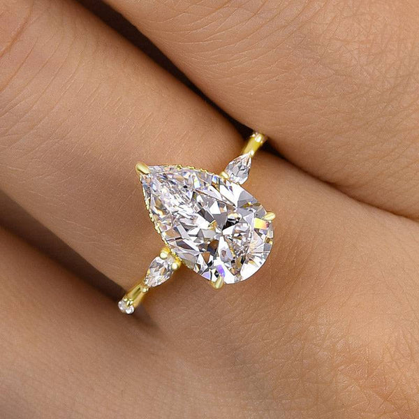 Louily Attractive Yellow Gold Pear Cut Engagement Ring