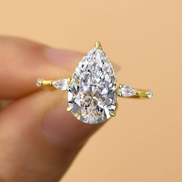 Louily Attractive Yellow Gold Pear Cut Engagement Ring
