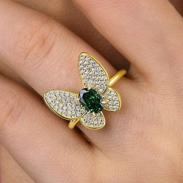 Louily Butterfly Design Emerald Green Engagement Ring In Sterling Silver