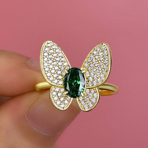 Louily Butterfly Design Emerald Green Engagement Ring In Sterling Silver