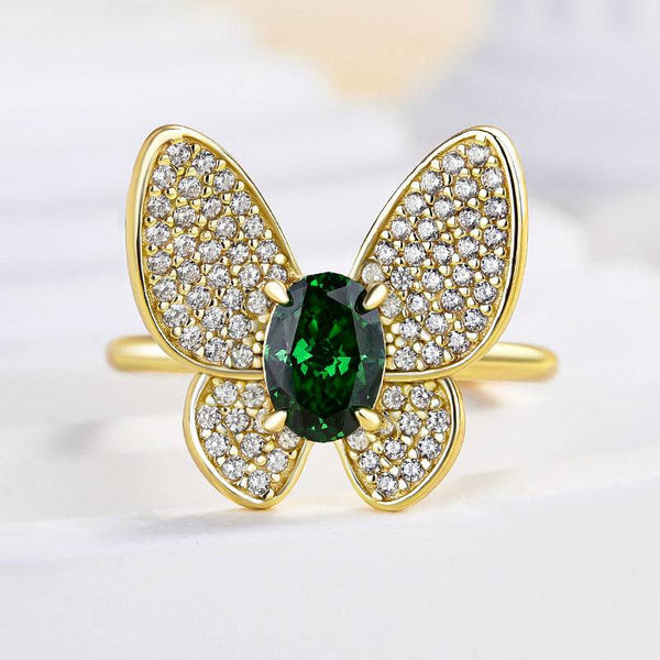 Louily Butterfly Design Emerald Green Engagement Ring In Sterling Silver