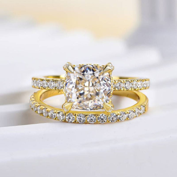 Louily Classic Yellow Gold 1.5 Carat Cushion Cut Wedding Rings Set In Sterling Silver