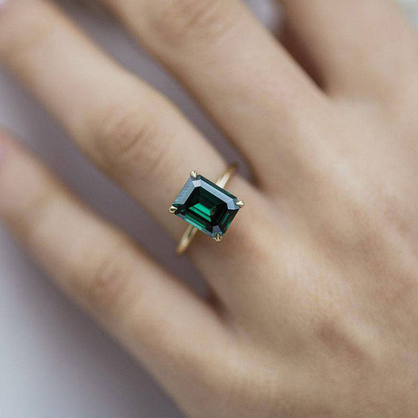 Louily Classic Yellow Gold Emerald Cut Engagement Ring In Sterling Silver