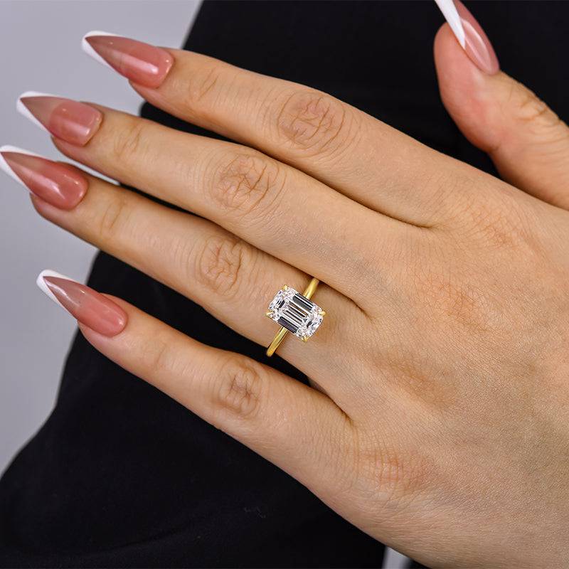 Louily Classic Yellow Gold Emerald Cut Solitaire Engagement Ring - louilyjewelry