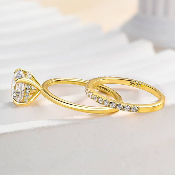 Louily Classic Yellow Gold Round Cut Simulated Diamonds Bridal Ring Set