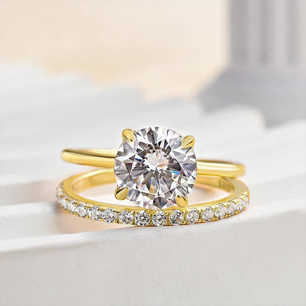 Louily Classic Yellow Gold Round Cut Simulated Diamonds Bridal Ring Set