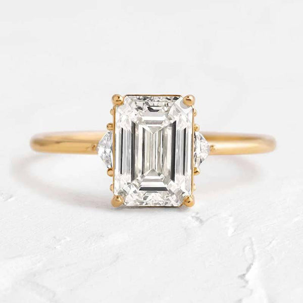 Louily Dainty Three Stone Yellow Gold Emerald Cut Engagement Ring